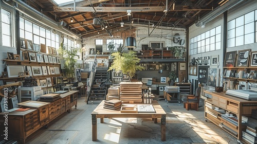 A two-floor loft-style print shop. The upper floor is a creative workspace, filled with wooden worktables for collaboration, surrounded by design tech. Generative AI. photo