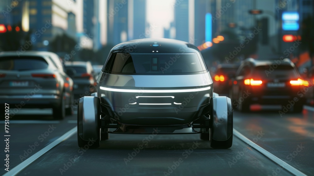 A self-driving electric car changes lanes and overtakes a city vehicle in 3D...