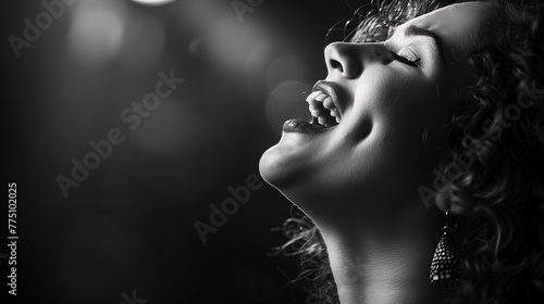 A black and white photo capturing the emotion on a woman's face as she sings her heart out