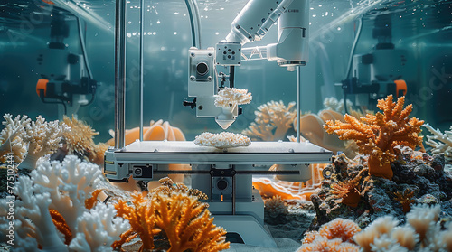 A 3D printer with a robot arm printing structure prints an artificial coral reef on a flat seabed. Generative AI. photo