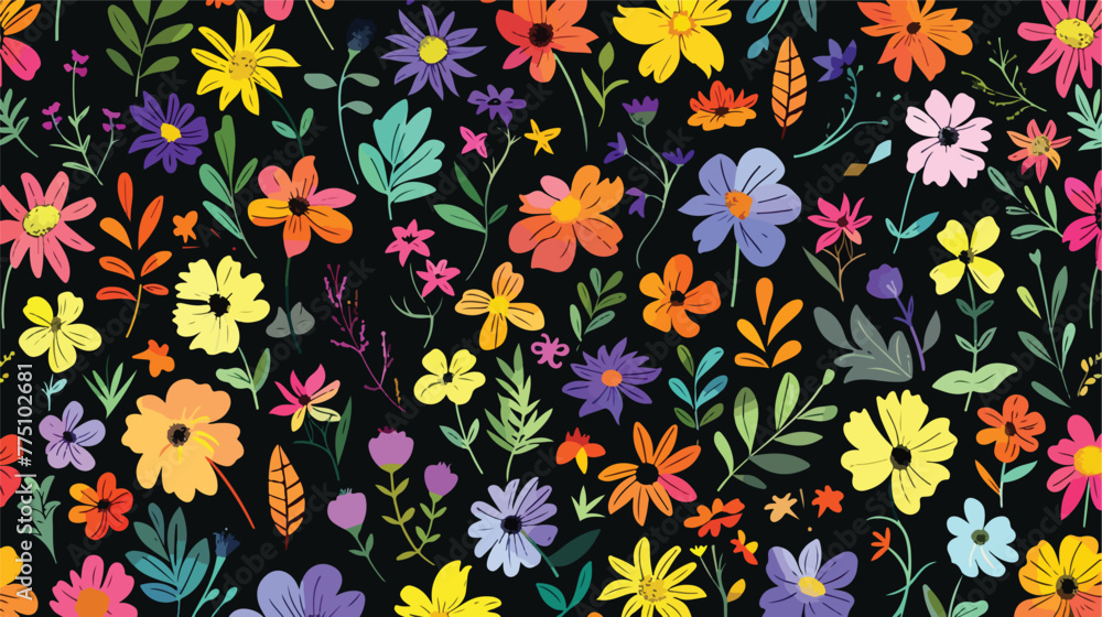 Floral seamless pattern on black background flat vector