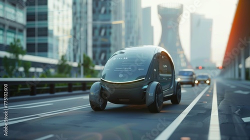 A self-driving electric car changes lanes and overtakes a city vehicle... photo