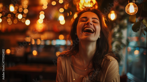 A candid shot of a woman singing joyfully in a cozy café, surrounded by dimly lit ambiance