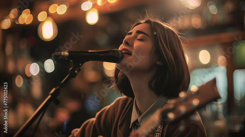 A candid shot of a woman singing joyfully in a cozy café, surrounded by dimly lit ambiance photo