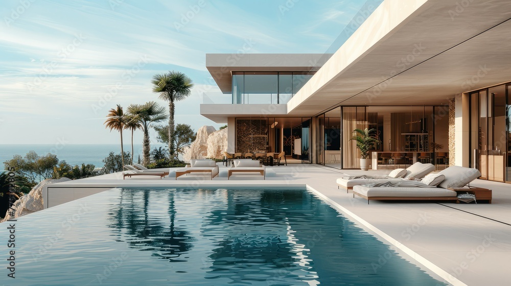 Fototapeta premium A modern minimalist villa in coast, infinity pool with sun beds in front of the villa. Generative AI.
