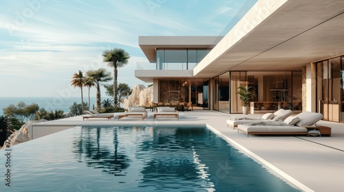 A modern minimalist villa in coast, infinity pool with sun beds in front of the villa. Generative AI. © visoot