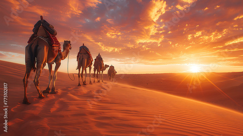 A caravan of camels trekking across the desert