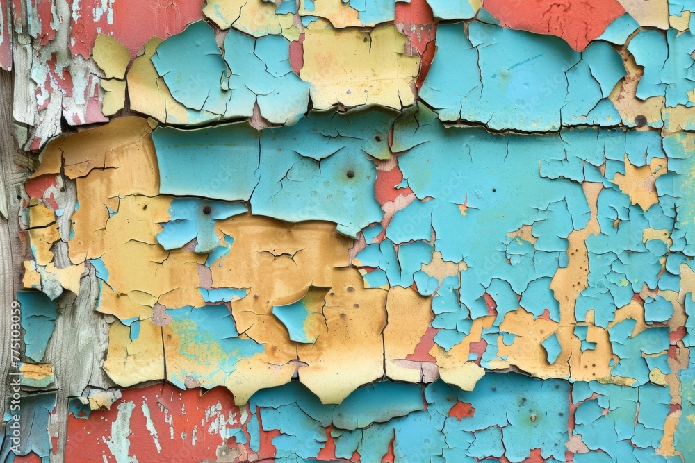 Peeling paint texture, layers of color, a sense of weathered history Peeling paint texture, layers of color, a sense of weathered history