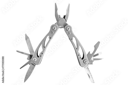 Multitool. Folding multifunctional tool. Knife, pliers, taps, scabbard. Tourist tool. On an empty background.