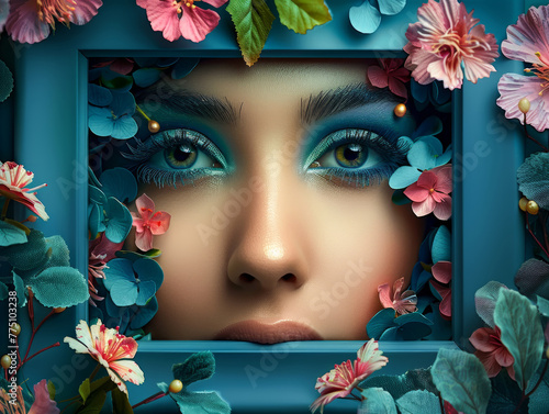 Nuove idee creative per la campagna pubblicitaria di un marchio di saloni di bellezza, viso di donna bellissima  con occhi truccati di azzurro incorniciato con fiori photo