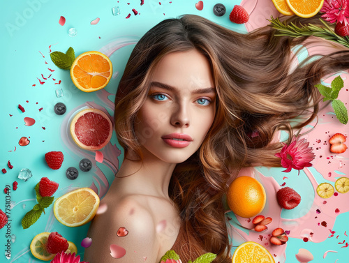 Nuove idee creative per la campagna pubblicitaria di un marchio di saloni di bellezza, viso di donna bellissima  su sfondo azzurro pieno di frutta photo