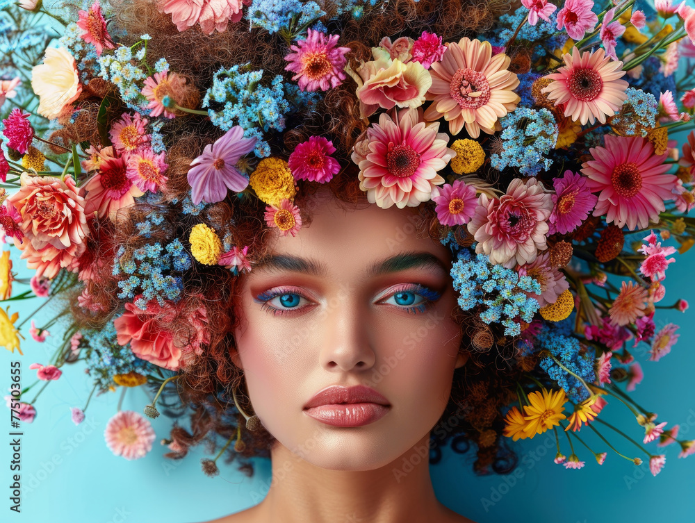 Nuove idee creative per la campagna pubblicitaria di un marchio di saloni di bellezza, viso di donna bellissima con capelli pieni di fiori