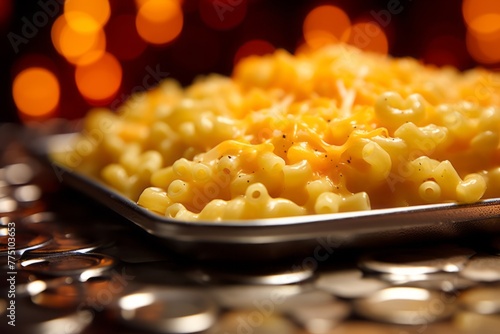 Delicious macaroni and cheese on a metal tray against a patterned gift wrap paper background