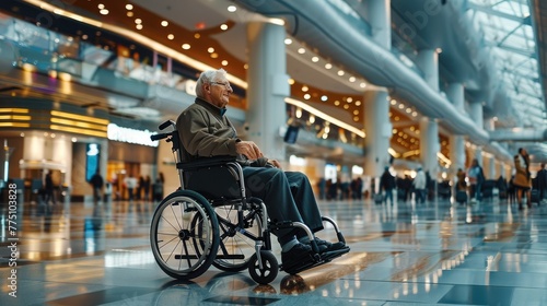 A senior man on electric wheelchair in airport terminal. Generative AI.