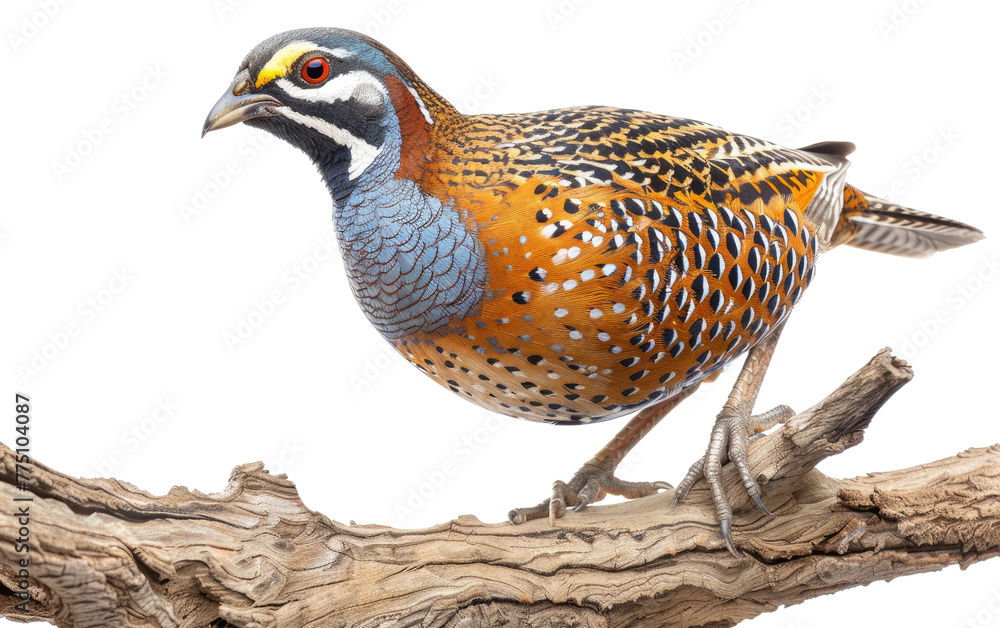 Fototapeta premium Avian Charm: Quail Amidst Wooden Perch isolated on transparent Background