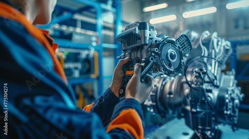 An industrial technician inspects an engine with a handheld 3D CMM laser scanner.