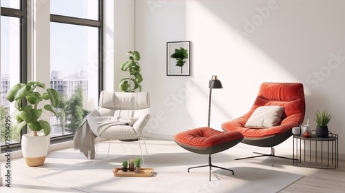 Bright interior of a modern living room with a large window, a red armchair, a gray sofa, and green plants in pots.