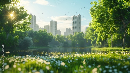 A city park filled with skyscrapers, offering a tranquil escape from urban life photo