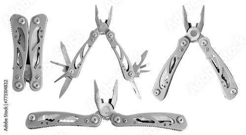 Set. Multitool. Folding multifunctional tool. Knife, pliers, taps, scabbard. Tourist tool. On an empty background.