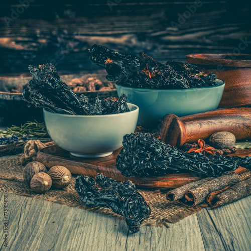 MULATO CHILLI PODS on wooden table background. Herbs, spices and dried food baking ingredient. Mortar and different spices. Cottage kitchen. Product Photography photo