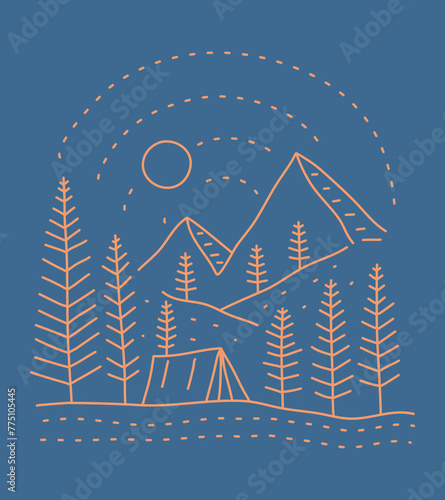 simple line art mono line of camping on forest under the mountain