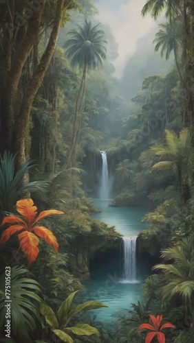 Background in style - Jungle with river and animals: world of wildlife. Generative AI, Generative, AI