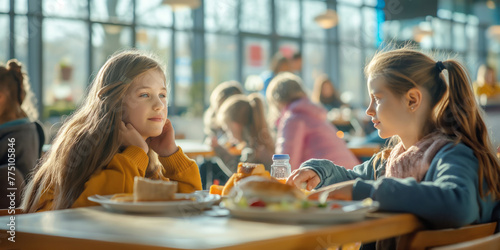 Two cute ten years old girls sitting at the table in school cafeteria. Young students having food during lunch break in dining hall. photo