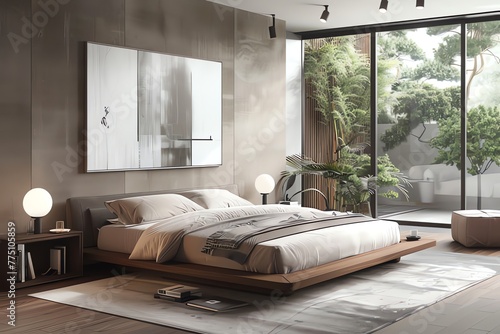 Modern bedroom interior. The modern bedroom showcases a clean minimalist design
