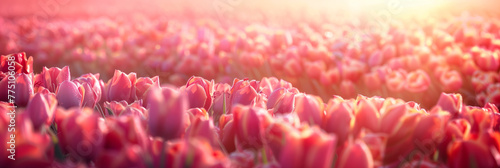 Field of pink tulips blossoming on a sunset. Seasonal tulip bloom in Netherlands. #775106058