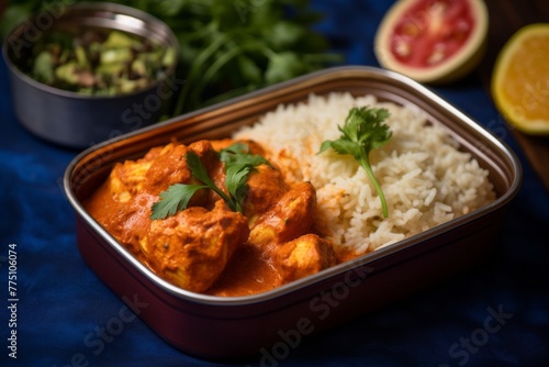 Juicy chicken tikka masala in a bento box against a patterned gift wrap paper background