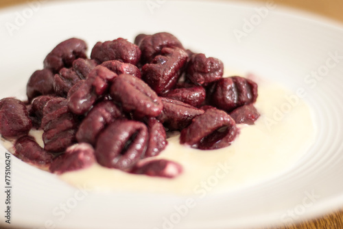 Beet Gnocchi with white sauce (ID: 775106247)