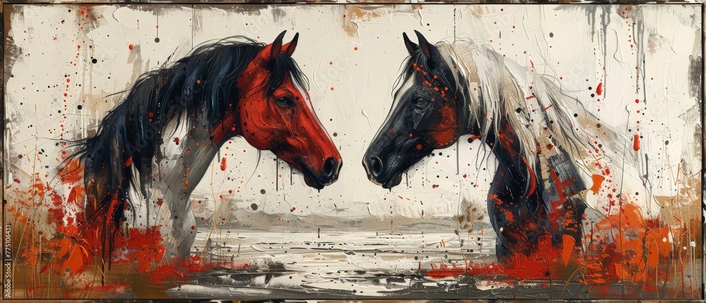 Fototapeta premium The painting is contemporary, abstract, with metal elements, textured background, animals, horses, and so on.