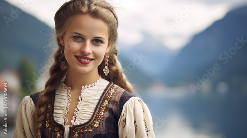 Austrian lady in a national costume background mountain scenery of Austria photo