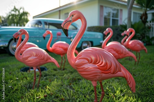 Pink plastic flamingos on lawn with vintage car photo