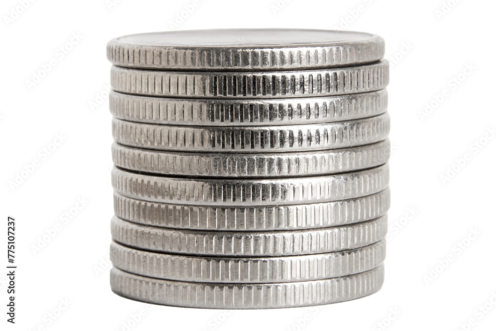 Coins in a stack of silver colored coins. On a blank background.