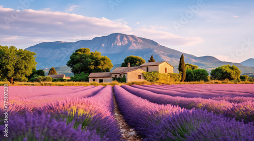 Beautiful landscape of blooming lavender field with mountains in the background