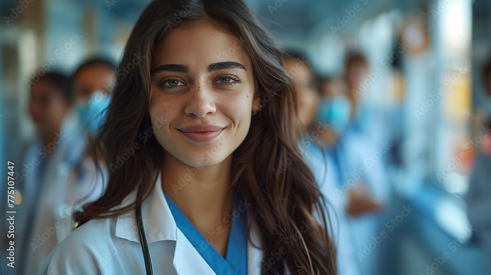 Happy woman or doctor face in busy hospital, leadership and career mindset. Portrait of medical professional or female on telehealth app for clinic job management. High quality photo Happy woman or doctor face in busy hospital, leadership and career mindset. Portrait of medical professional or female on telehealth app for clinic job management. High quality photo