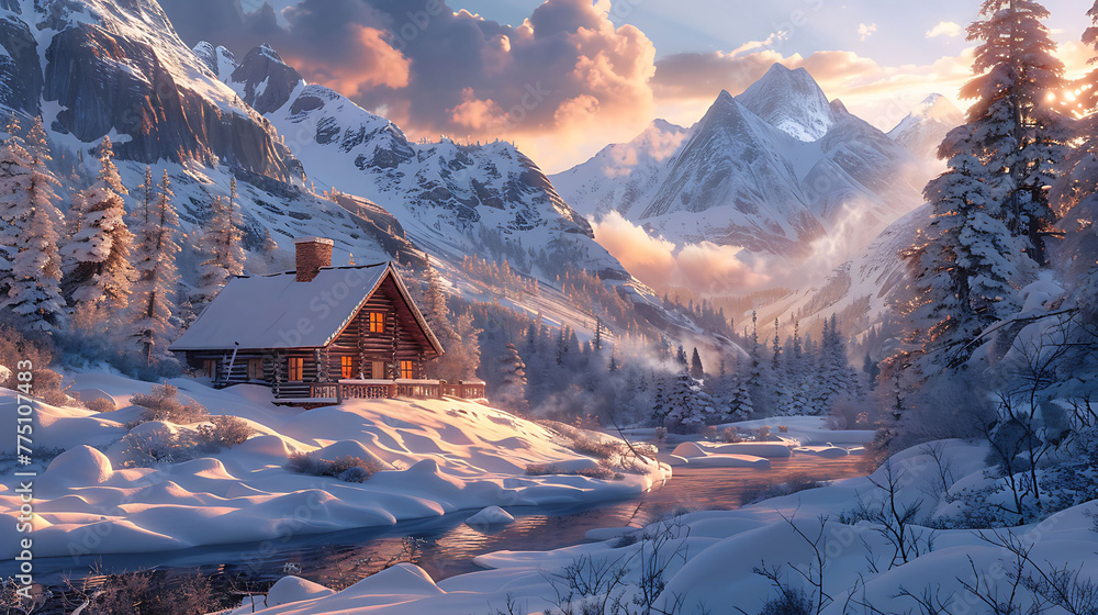A cozy cabin nestled in a snowy mountain setting