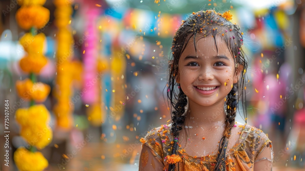 Happy child in water playing at Songkran Festival. April celebration of Thai New Year, traditional holiday.