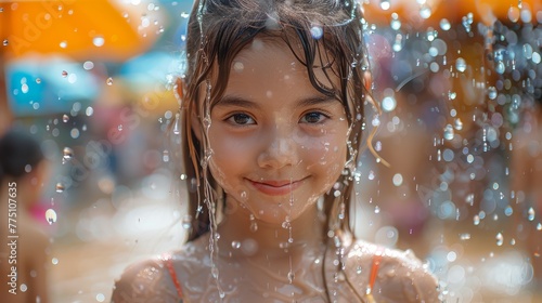 Happy child in water playing at Songkran Festival. April celebration of Thai New Year, traditional holiday.