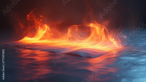 a white sheet of paper laying with a flame coming out of it, against white back ground