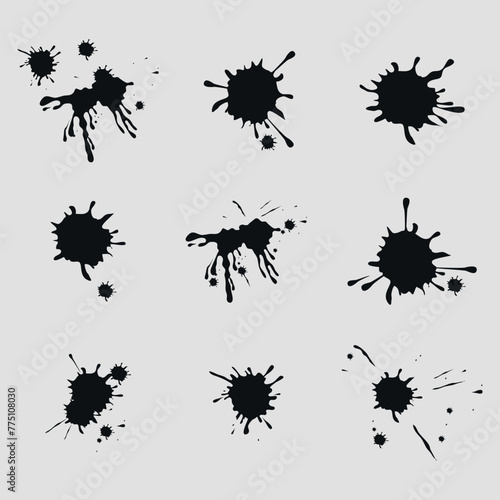 Set of black ink stains in flat style. Vector on a gray background © Dima