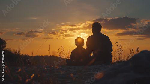 A father and son watching the sunset together, sharing a moment of tranquility and bonding amidst the beauty of nature.