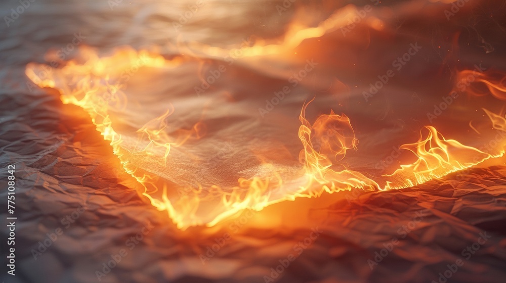 a white sheet of paper laying with a flame coming out of it, against white back ground