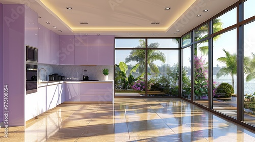   A kitchen filled with numerous windows  adjacent to a window draped in abundant plants  and boasting ample countertop space