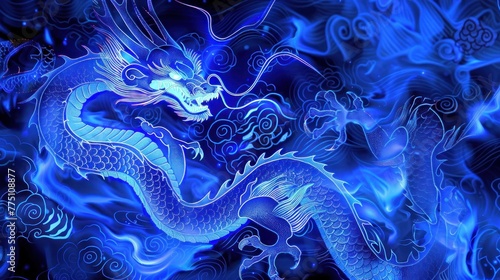 Blue dragon neon background realistic wallpaper ai generated image