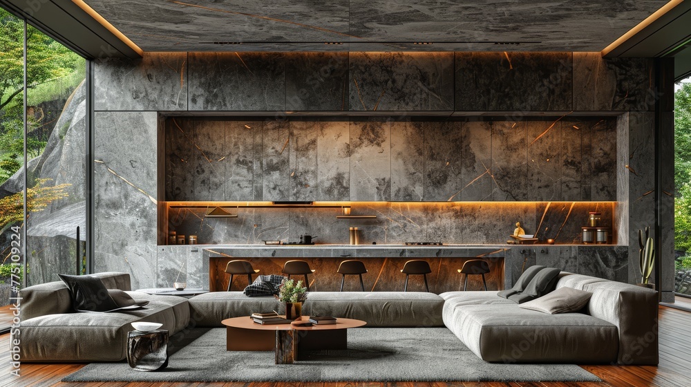 A living room teeming with furnishings, featuring a centrally situated bar, boasts a warm wooden floor and enveloping walls A living room teeming with furnishings, featuring a centrally situated bar, boasts a warm wooden floor and enveloping walls
