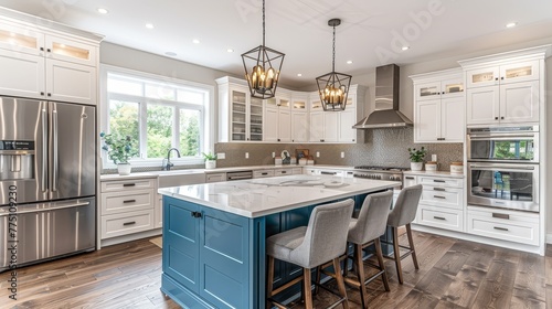  A spacious kitchen features a central island and a breakfast bar, both situated in the heart of the room