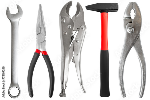 Wallpaper Mural Tool kit for locksmith, man, remount. Hammer, wrench, clamps, pliers. Cut on blank background. Torontodigital.ca