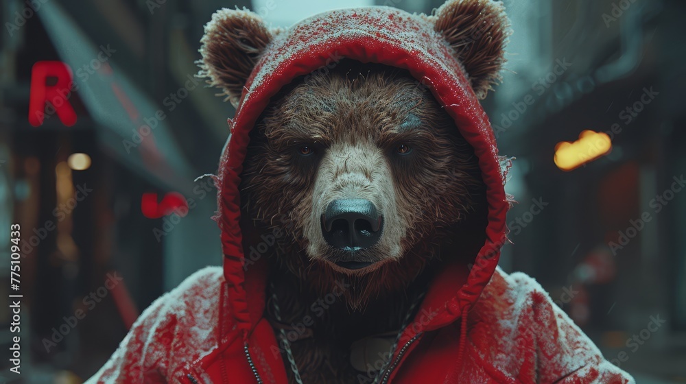Obraz premium A tight shot of a bear donned in a red jacket, with a chain encircling its neck